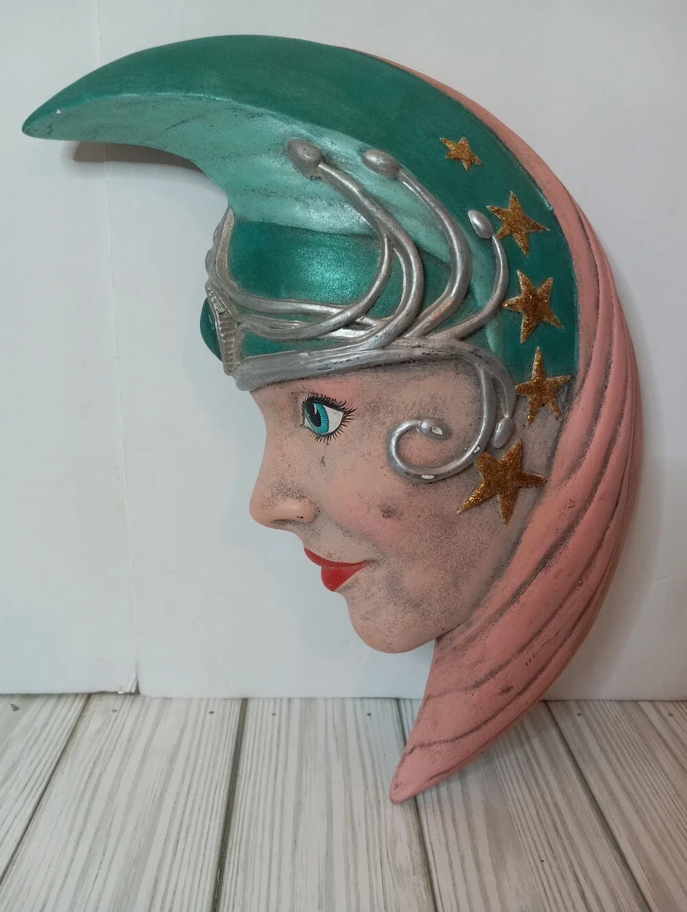 Vintage Crescent Moon Face Wall Art Ceramic Handpainted Celestial Goddess